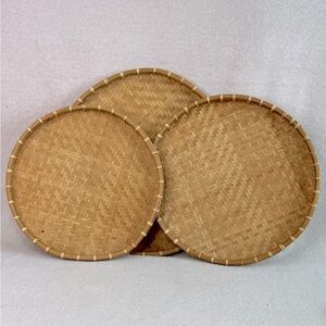 Vintage Woven Rattan Round Tray Set of 3-Brown/Tan-Home Decor Accents-Vtg-Asian